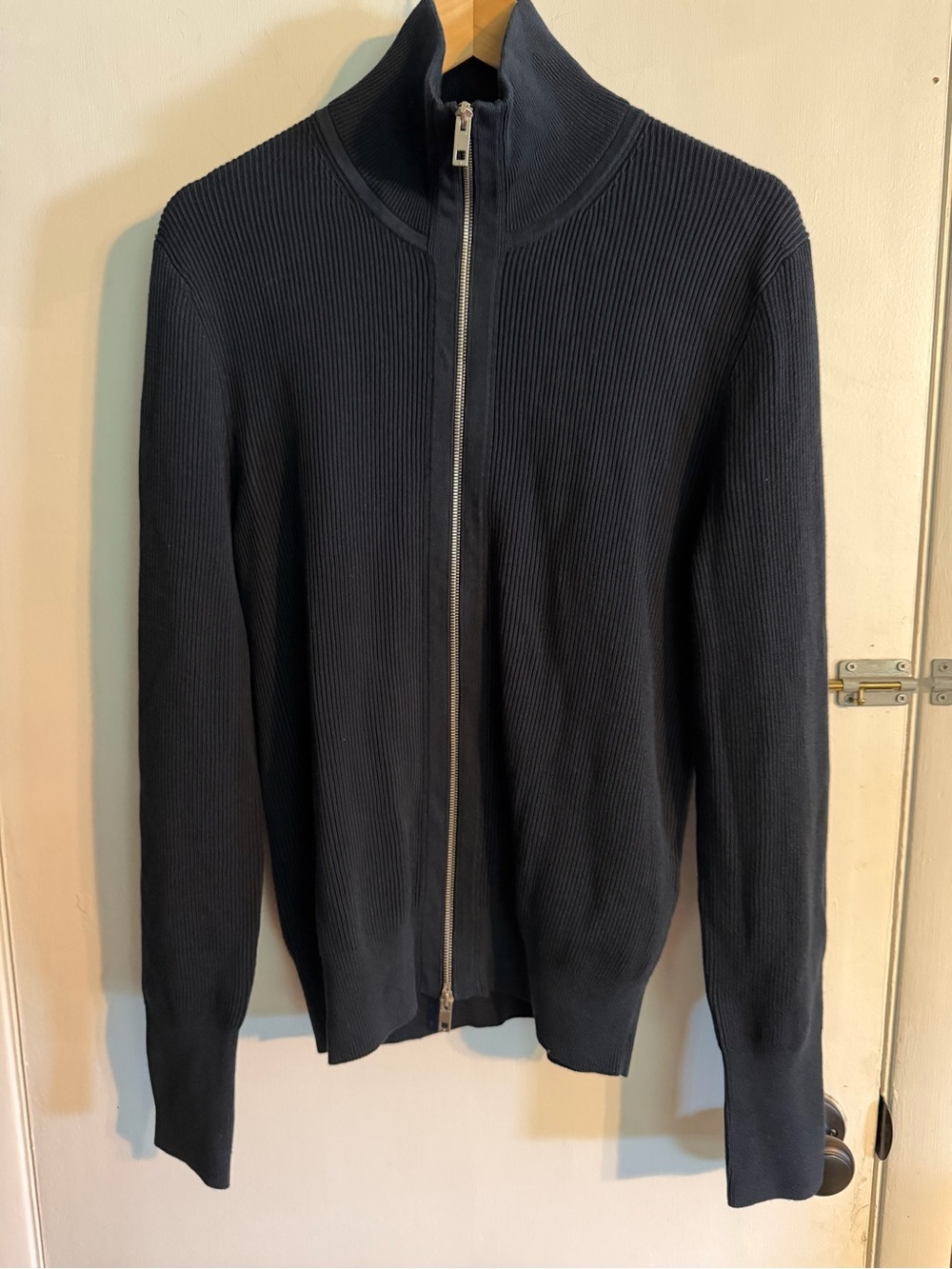 RAG & BONE Men's Navy Full-Zip Ribbed Sweater Jacket, Merino Wool & Cotton, S